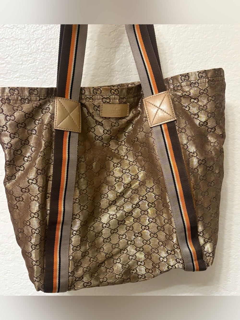 Authentic Gucci GG Crystal Sherry Line Gold Toned Canvas Tote Bag